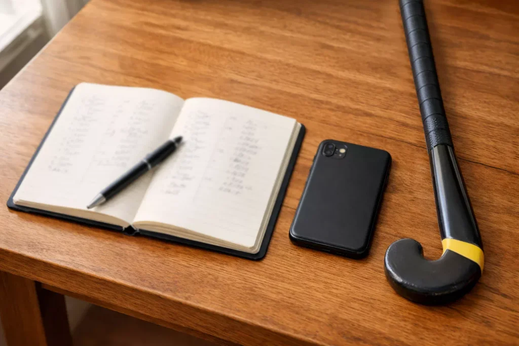 Notitieboek met wedoverzicht en pen naast een veldhockeystick op een bureau