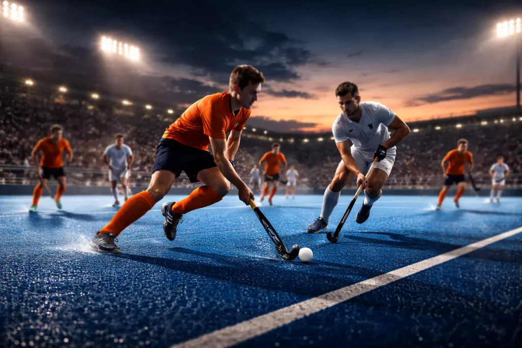 Veldhockeywedstrijd op een waterveld tijdens een Hoofdklasse-avond met felle stadionverlichting
