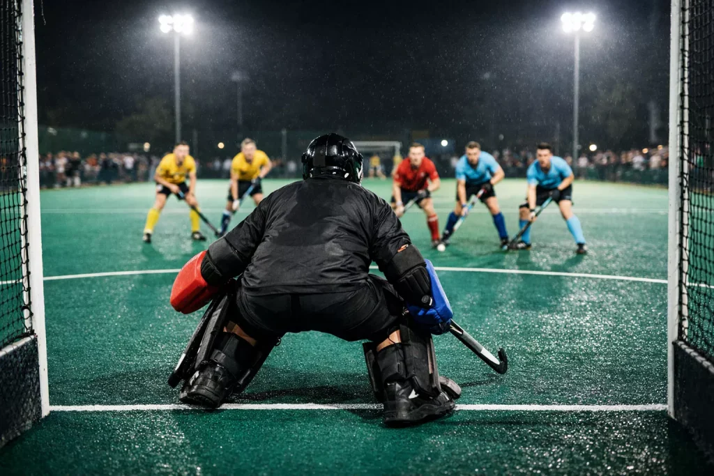 Hockeyers in actie op een verlicht waterveld tijdens een avondwedstrijd in de Hoofdklasse