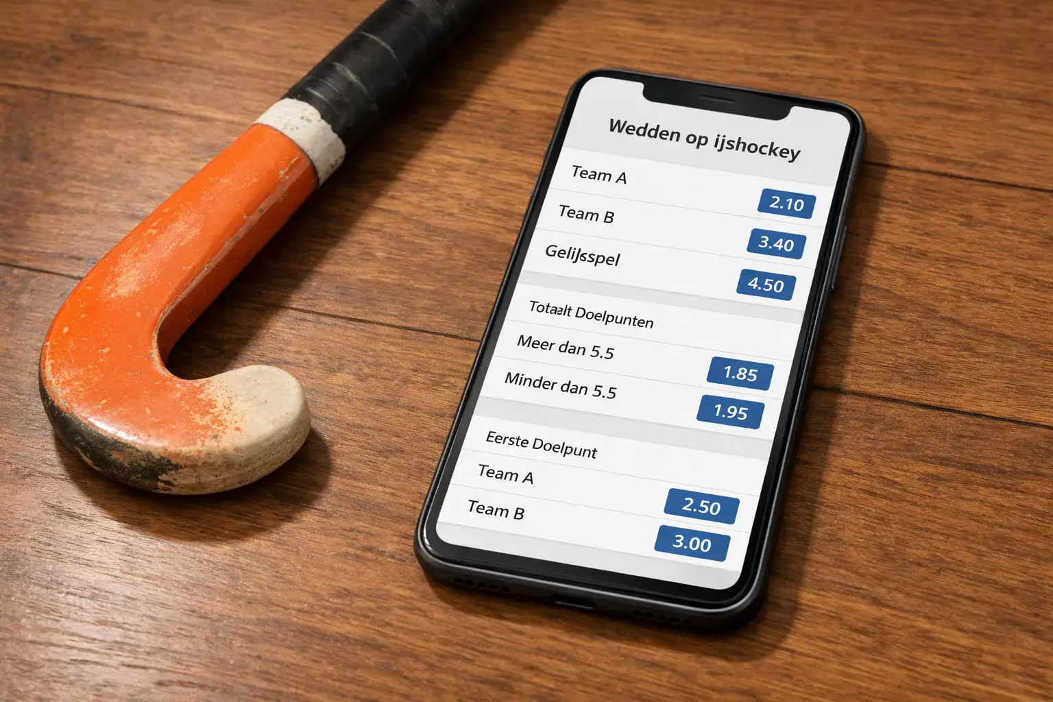 Smartphone met weddenschap-app open naast hockeystick