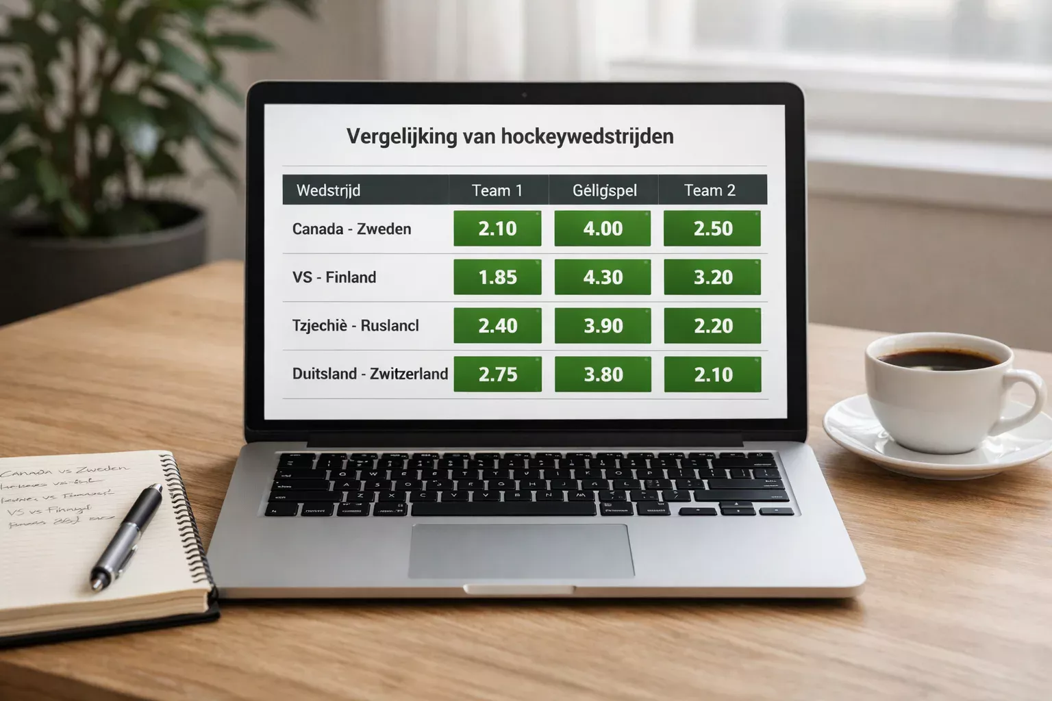 Laptop toont vergelijking van hockey odds bij verschillende Nederlandse bookmakers