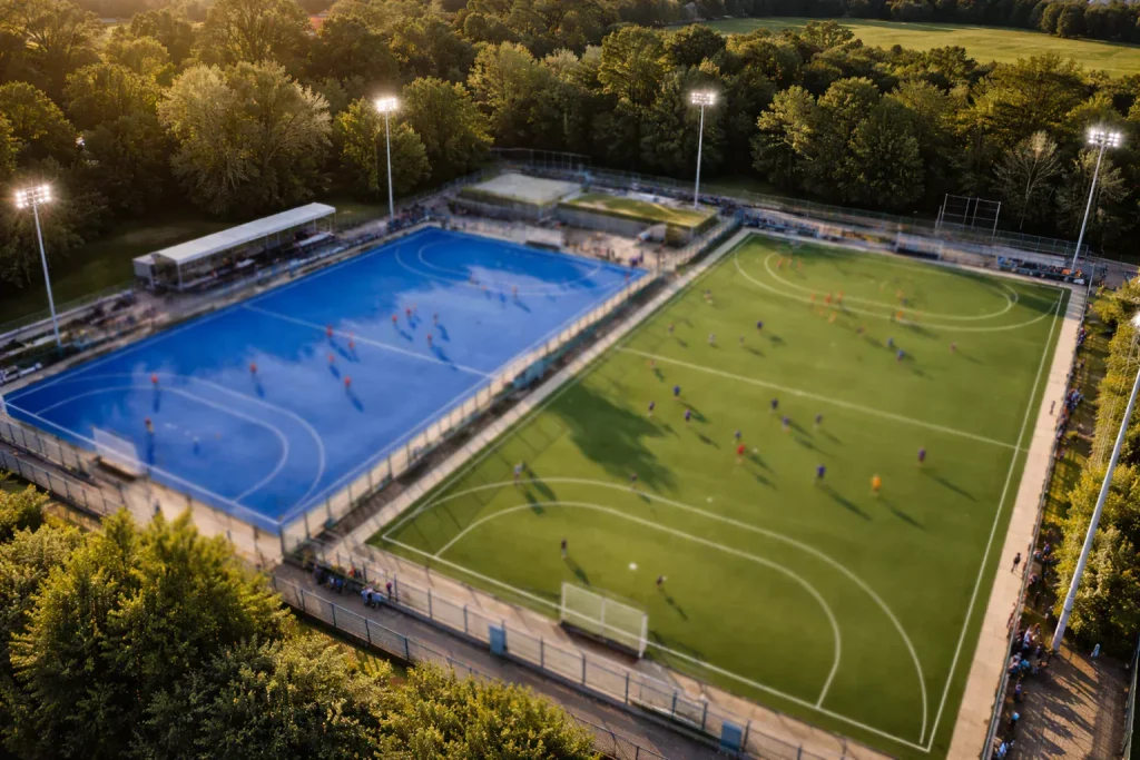 Meerdere veldhockeywedstrijden tegelijk op een sportcomplex met aangrenzende kunstgrasvelden