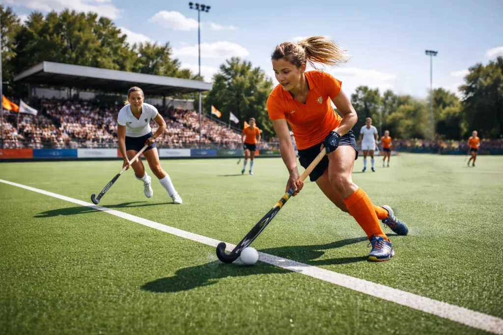 Vrouwenhockeyteam in actie tijdens een Hoofdklasse-wedstrijd op kunstgras