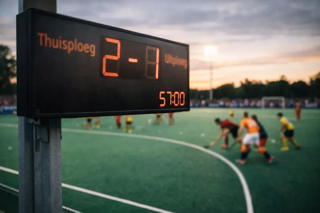Close-up van een scorebord bij een veldhockeywedstrijd met de stand zichtbaar