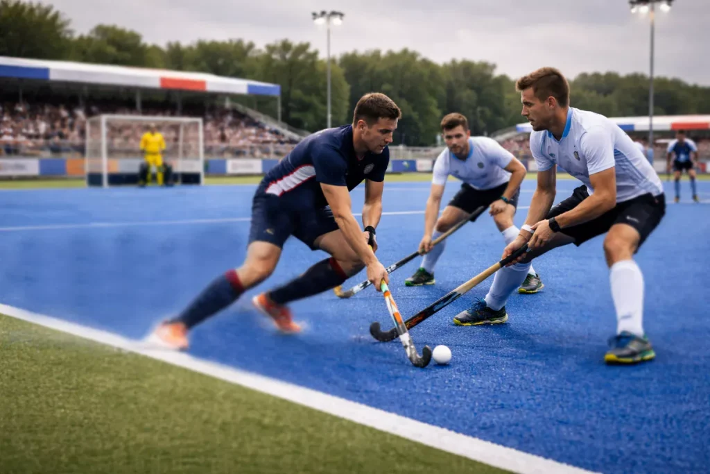 Europese clubhockeywedstrijd op neutraal terrein met twee teams in actie op een waterveld