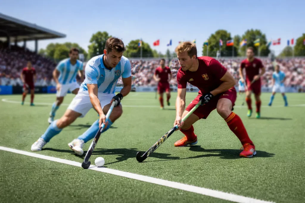 Landenteams strijden op een veldhockeyveld in een internationaal stadion bij daglicht
