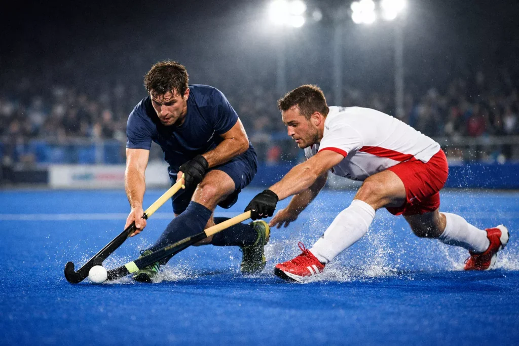 Veldhockeyspeler dribbelt langs een verdediger op een blauw waterveld tijdens een topwedstrijd
