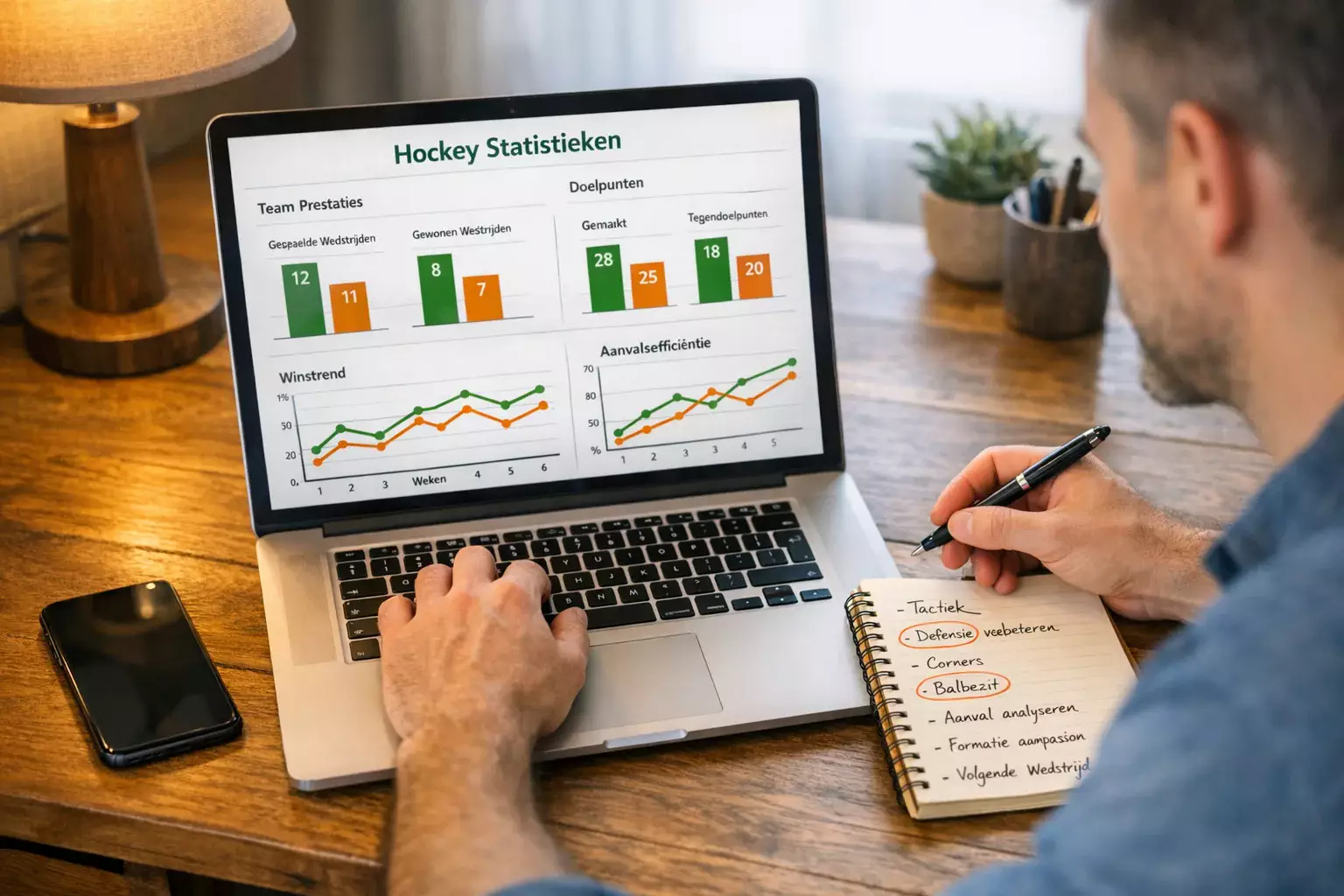 Persoon analyseert veldhockeystatistieken op laptop met aantekeningen ernaast