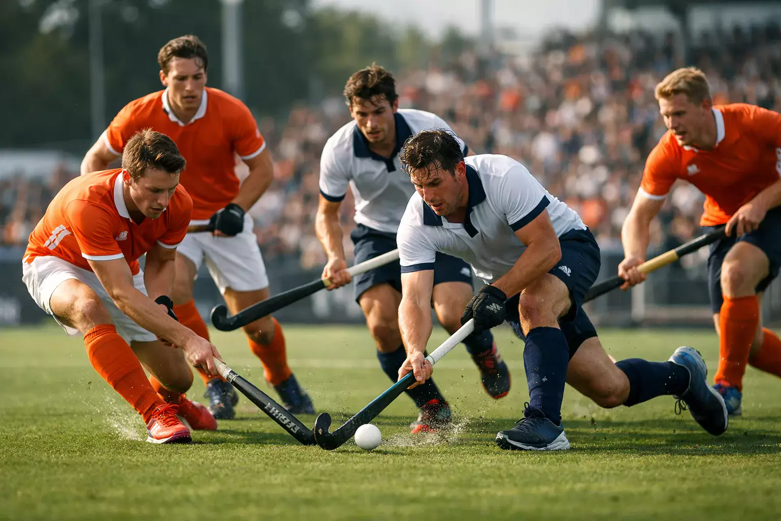 Veldhockeywedstrijd met spelers in actie op een groene grasmat
