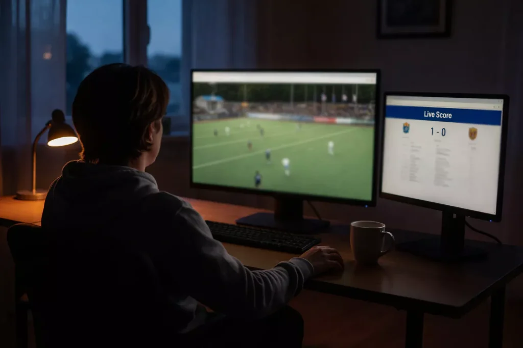 Persoon bekijkt een veldhockeywedstrijd op een laptopscherm met een tweede monitor ernaast