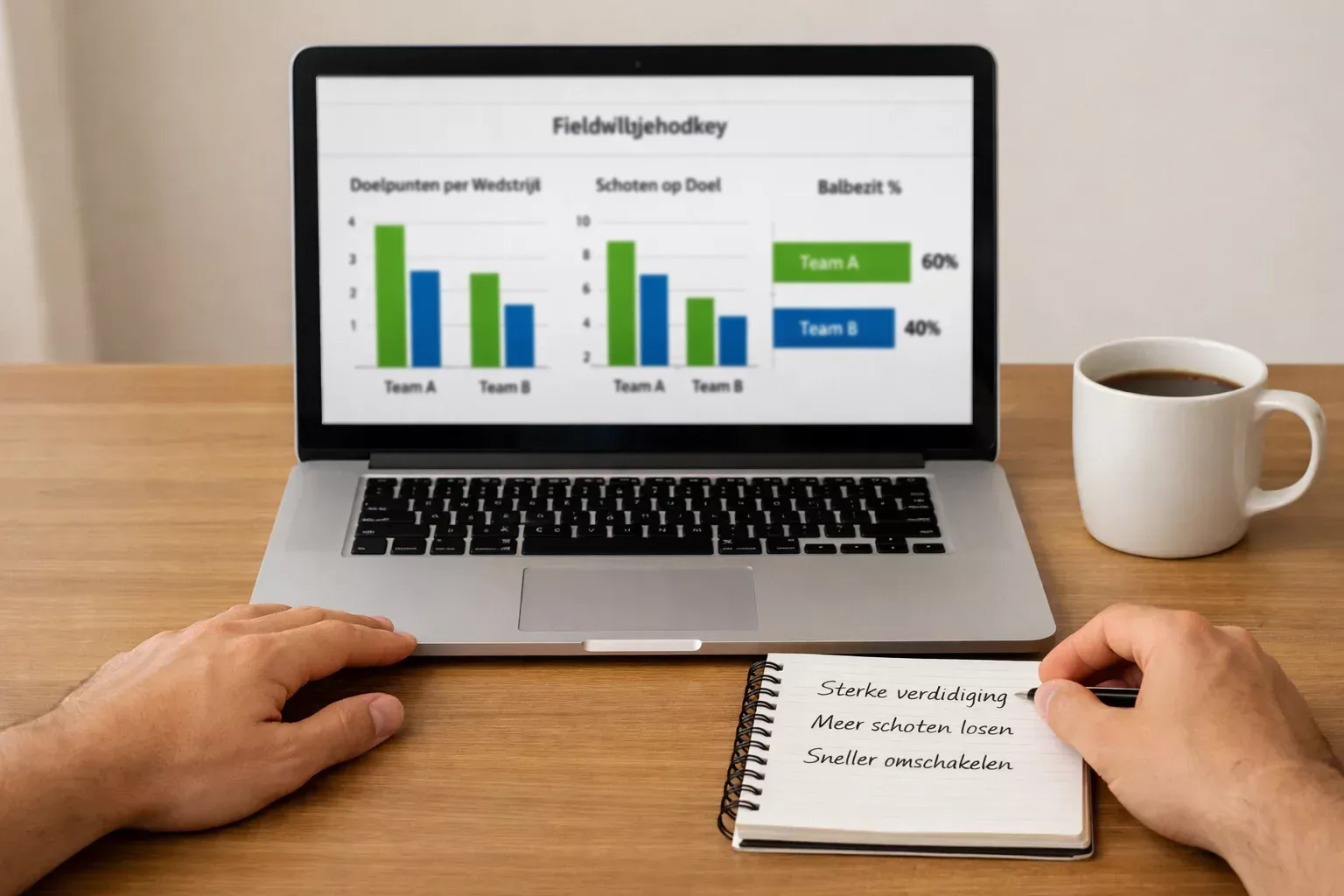 Hockeyfan analyseert wedstrijdstatistieken op een laptop