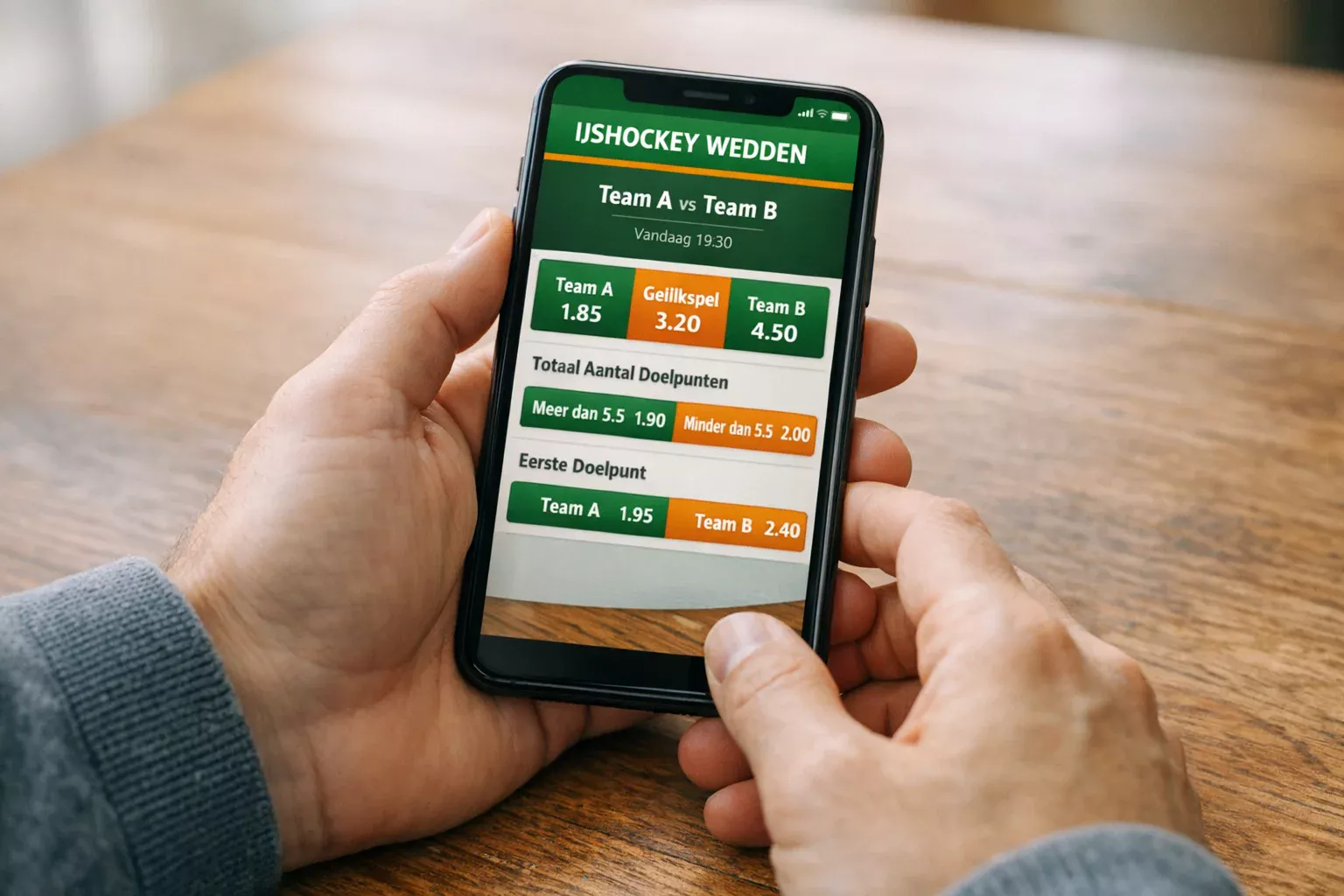 Smartphone met wedscherm toont odds voor veldhockeywedstrijd