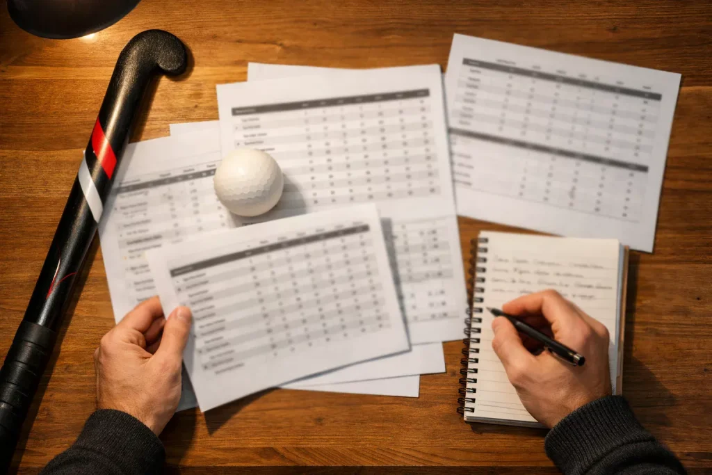 Persoon bestudeert hockeystatistieken op papier naast een veldhockeystick en bal