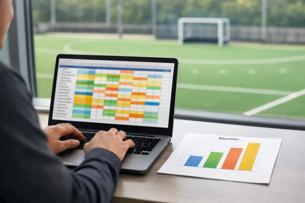 Laptop met hockeystatistieken en een spreadsheet naast een veldhockeyveld
