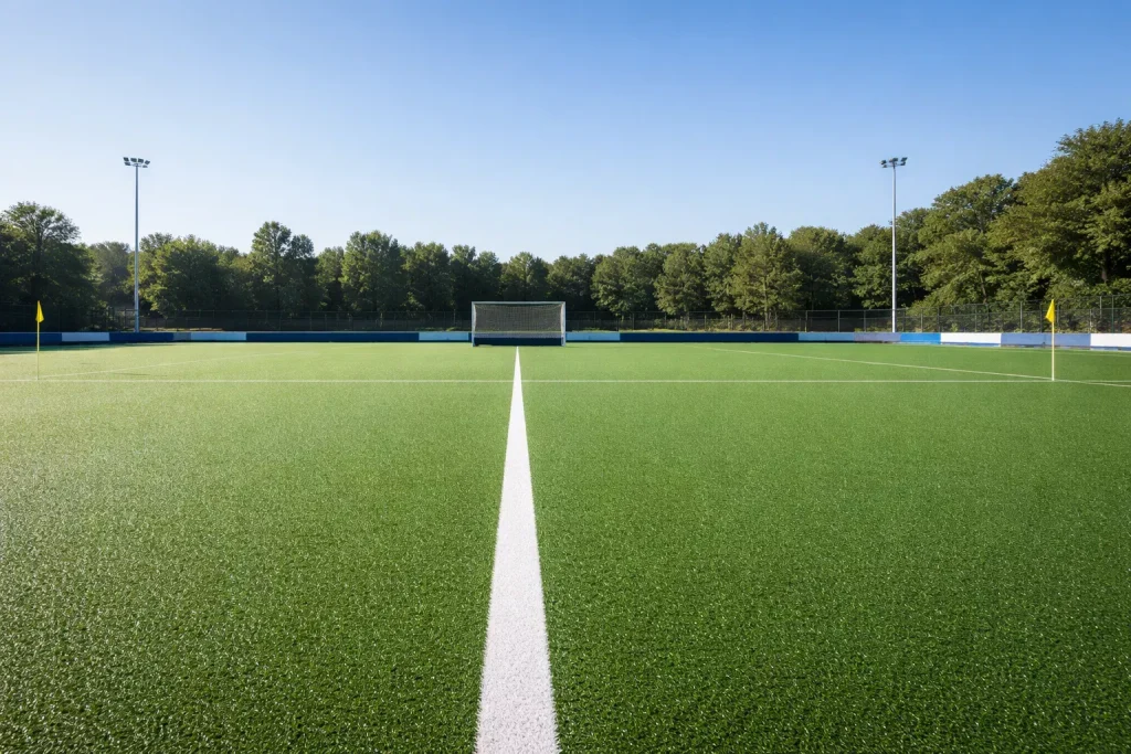 Veldhockeystick en bal op een kunstgrasveld met de Hoofdklasse-tribunes op de achtergrond