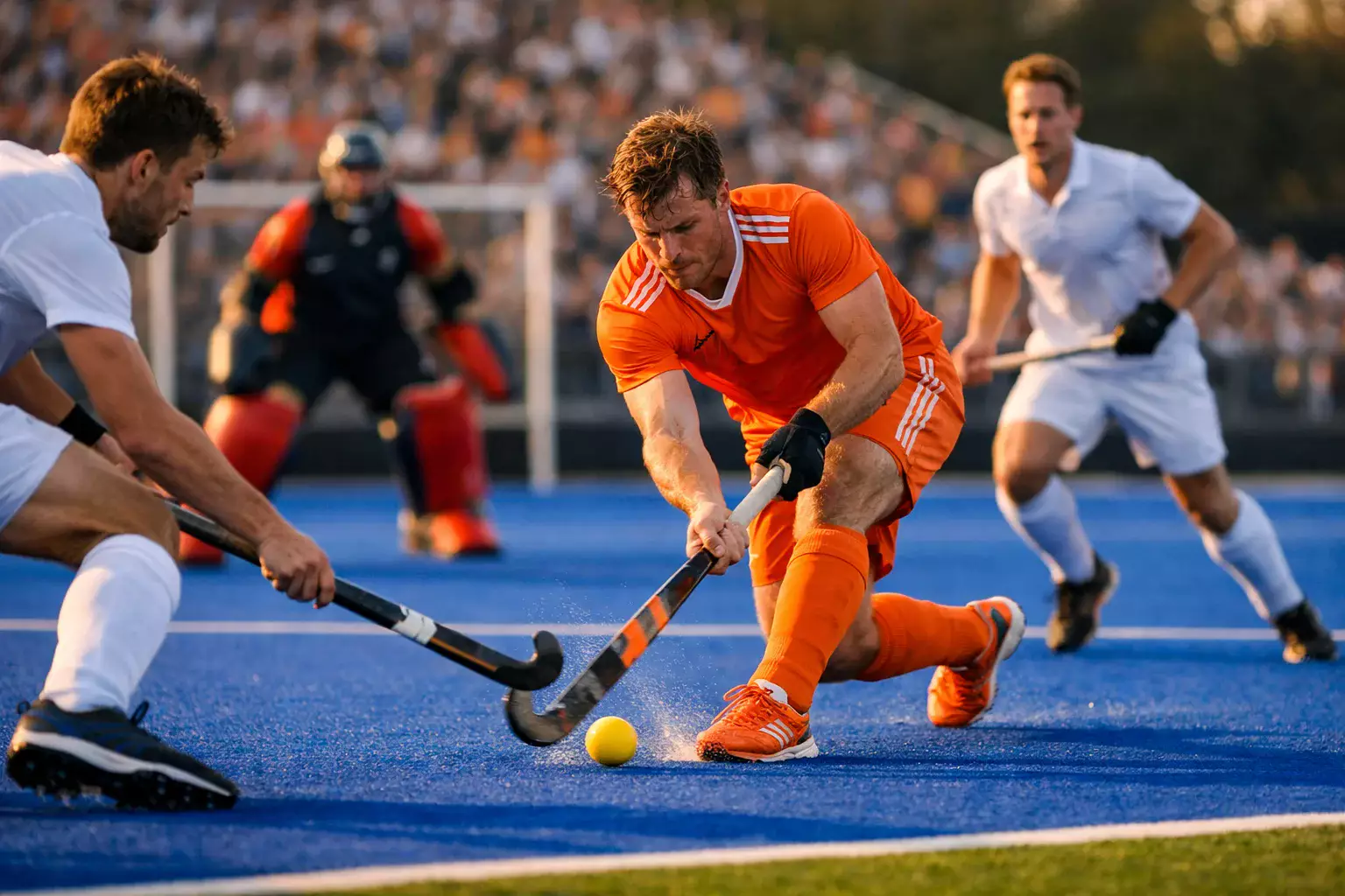 Veldhockeywedstrijd op waterveld met spelers in actie tijdens Nederlandse Hoofdklasse