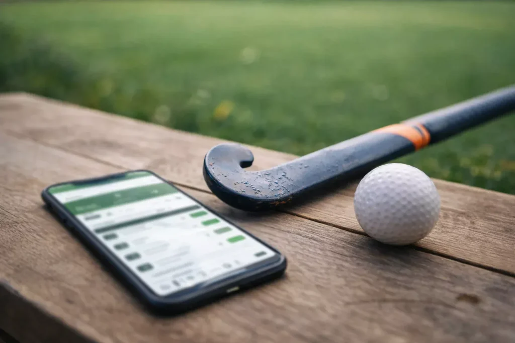 Smartphone met een weddenschap-app op een tafel naast een veldhockeystick