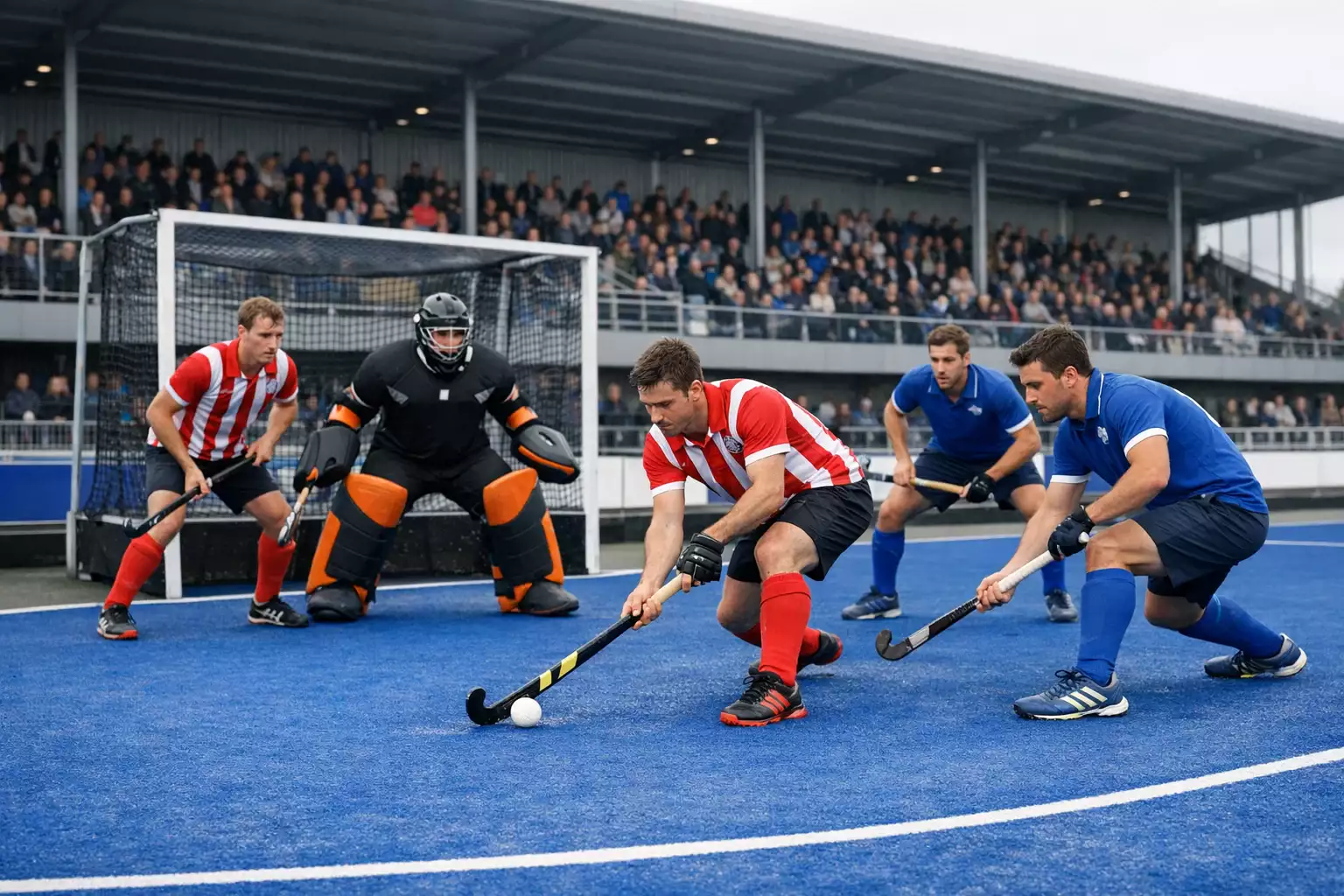 Veldhockeywedstrijd in de Nederlandse Hoofdklasse met volle tribune op de achtergrond