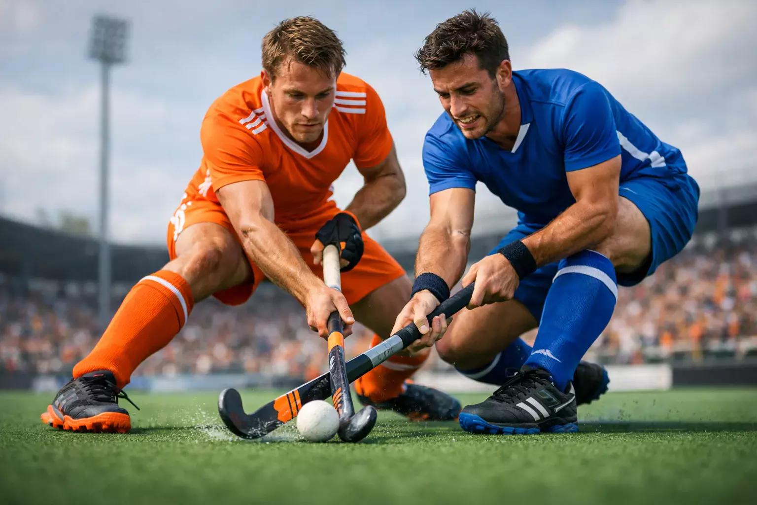 Hockeyspelers tijdens strafcorner op kunstgrasveld