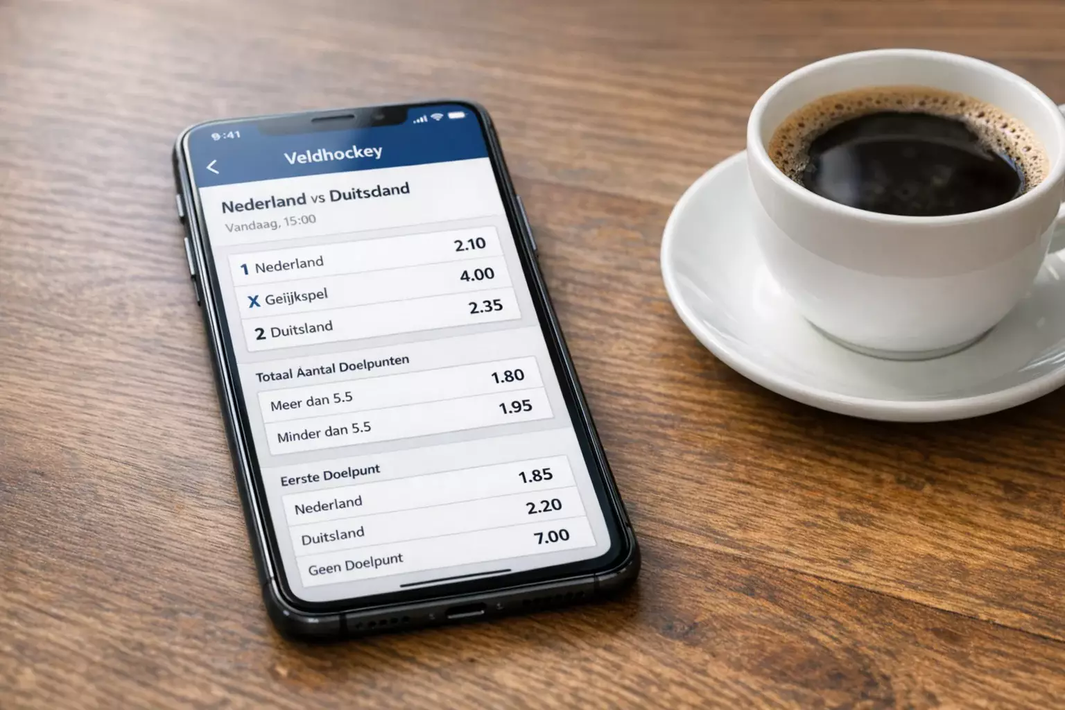 Smartphone met sportapp naast kop koffie op bureau
