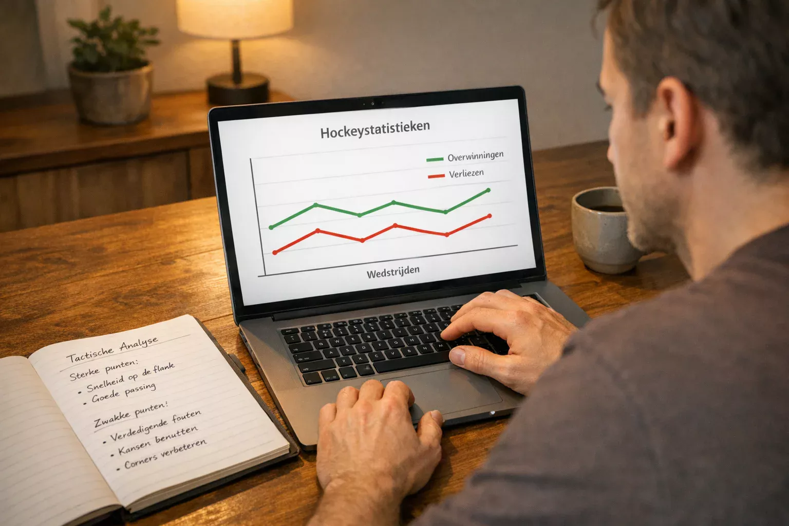 Man analyseert sportstatistieken op laptop met notitieblok
