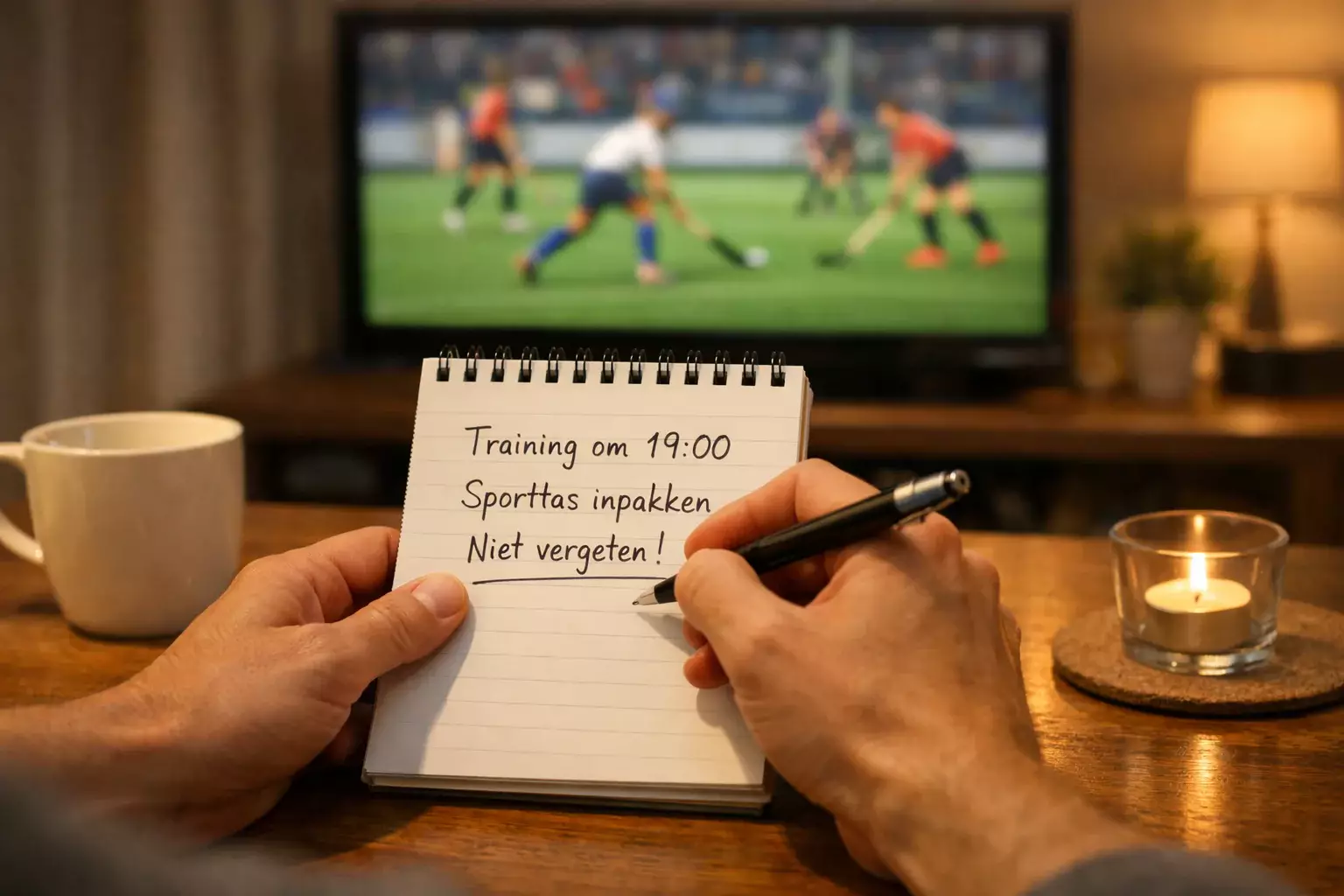 Notitieboek met wedstrijdanalyse en pen op houten tafel