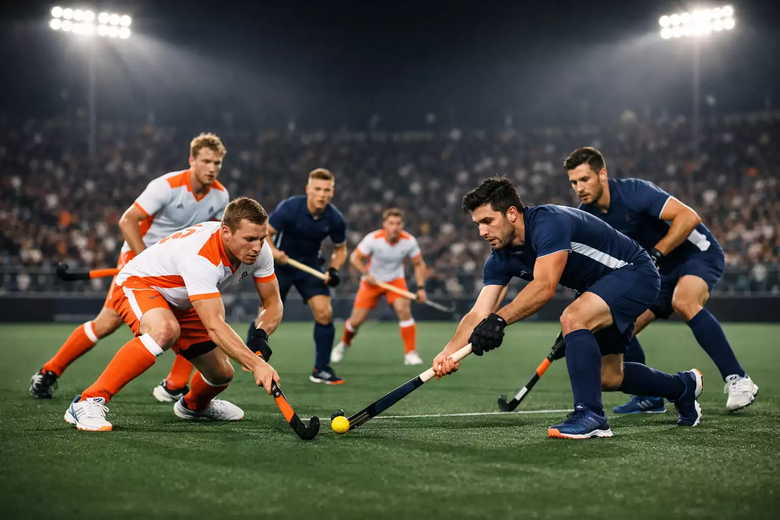 Professionele veldhockeywedstrijd met volle tribune op achtergrond