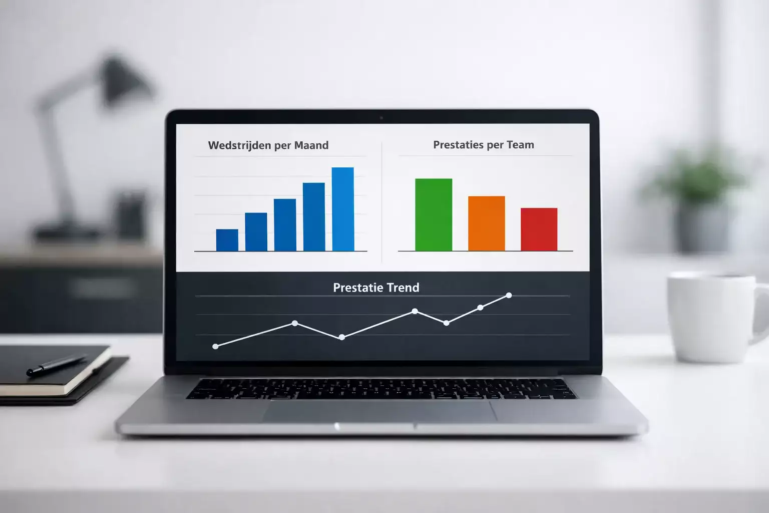Laptop met sportstatistieken en grafieken op scherm