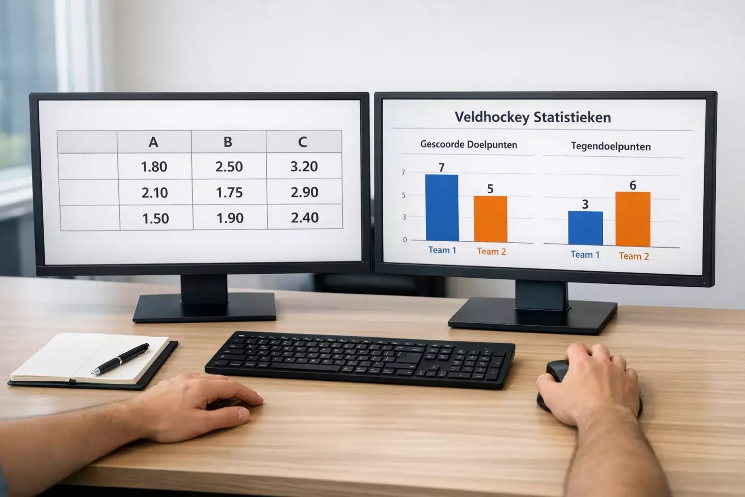 Persoon vergelijkt gegevens op twee computerschermen