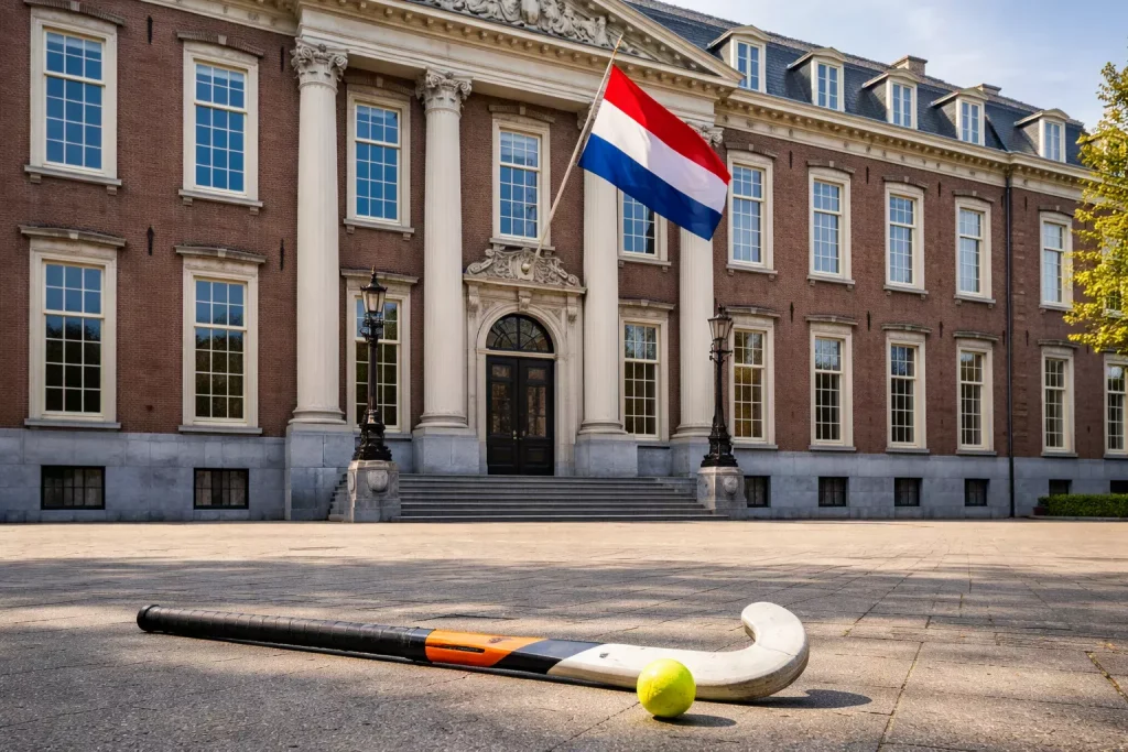Officieel gebouw met Nederlandse vlag en een veldhockeyveld zichtbaar op de achtergrond
