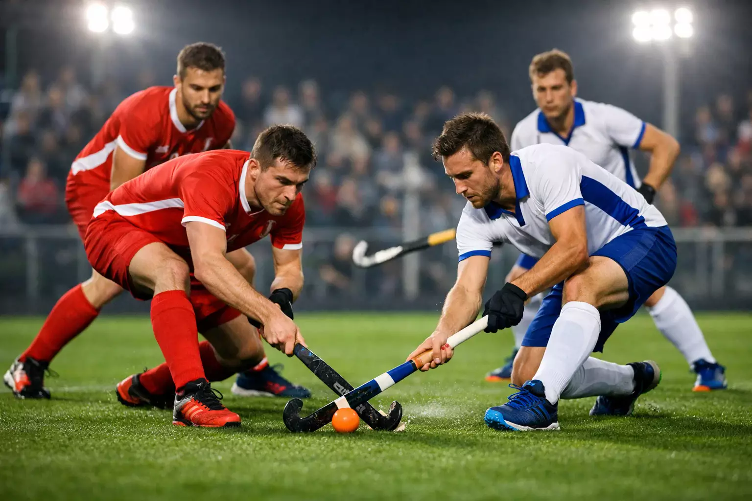 Veldhockeywedstrijd in volle gang met spelers die strijden om de bal
