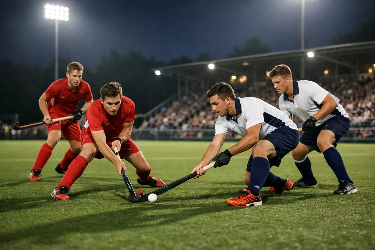 Hockeyspelers tijdens een spannende wedstrijd bij avondlicht