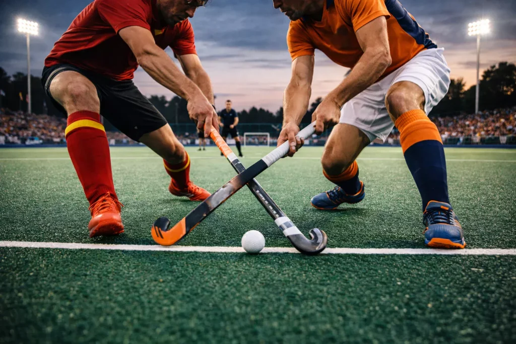 Veldhockeyspelers in een intens duel tijdens een live Hoofdklasse-wedstrijd