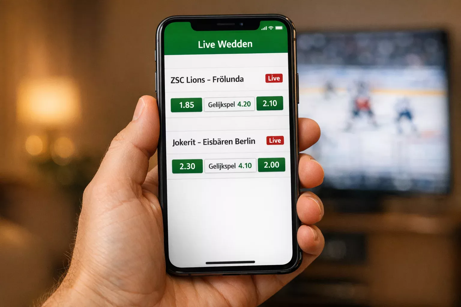 Smartphone toont live weddenschap interface tijdens hockeywedstrijd