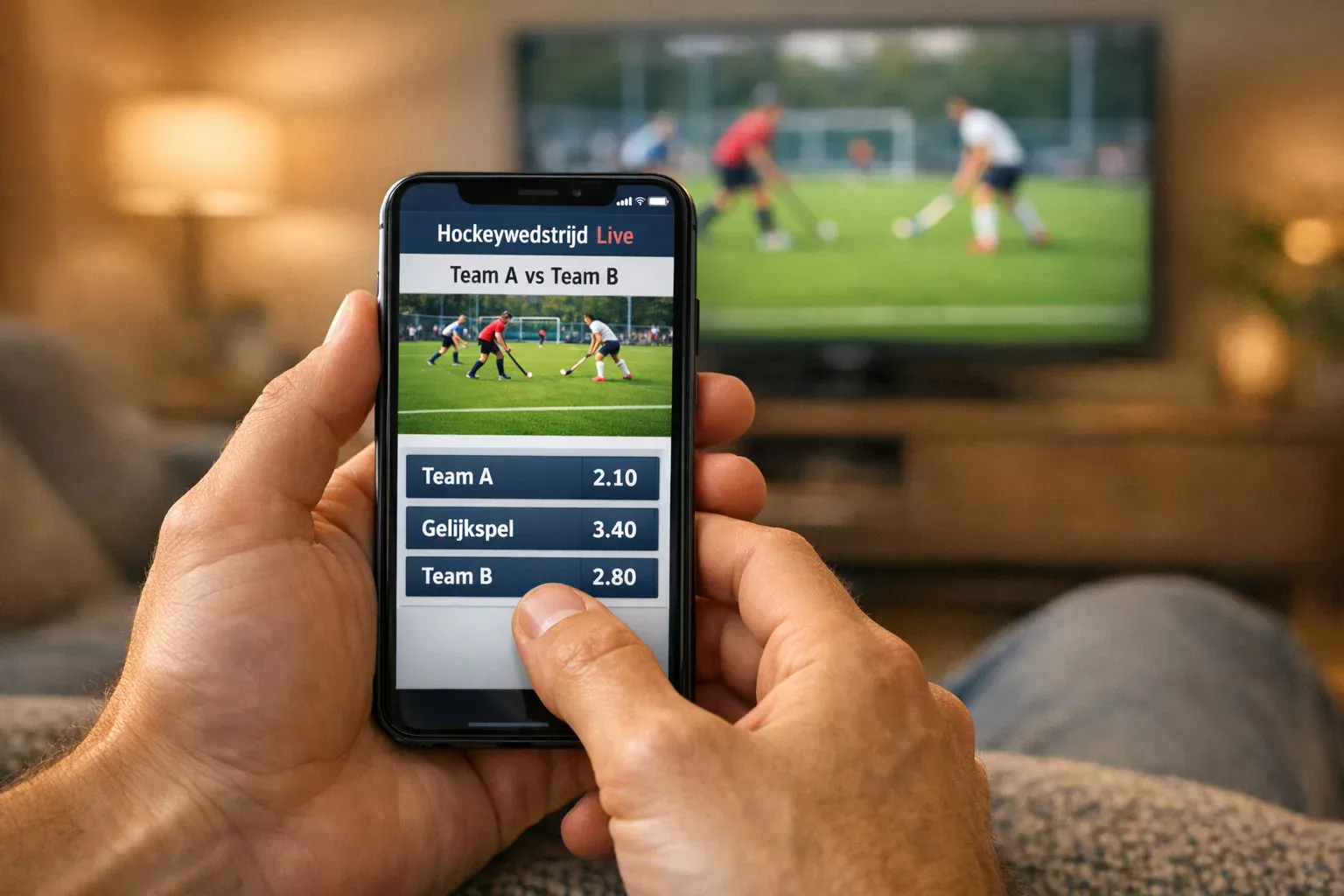 Fan bekijkt hockeywedstrijd op telefoon terwijl hij wedt
