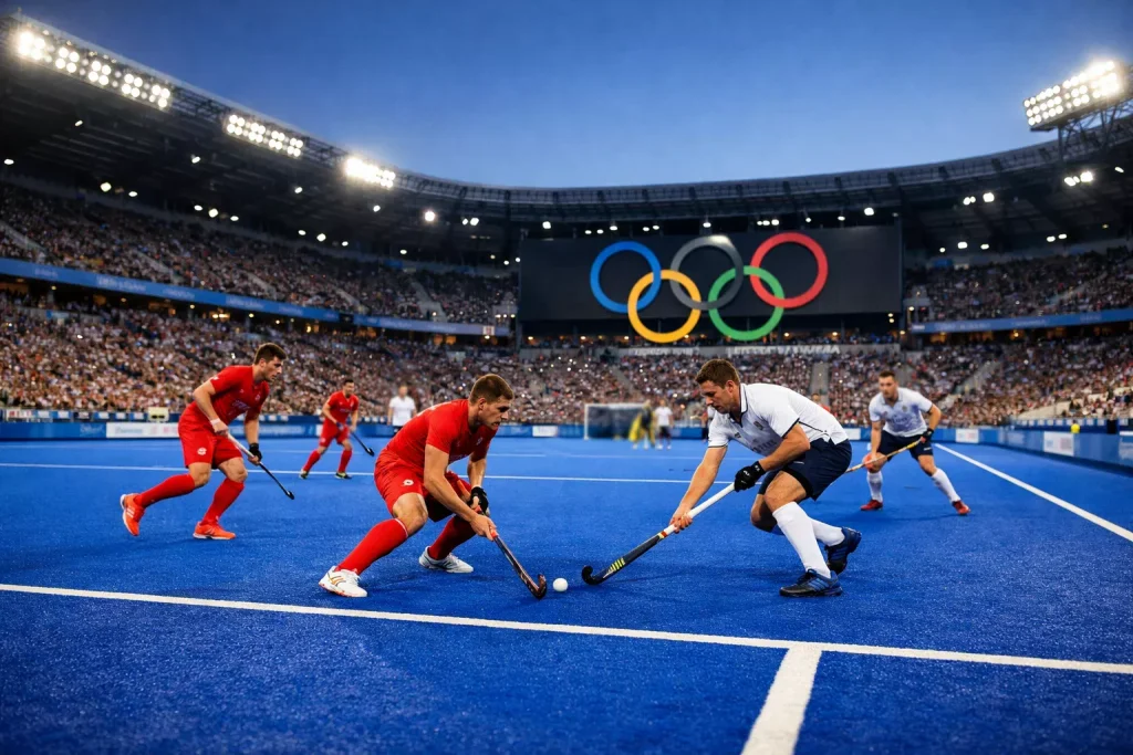 Olympische hockeywedstrijd in een groot stadion met de olympische ringen zichtbaar op de achtergrond