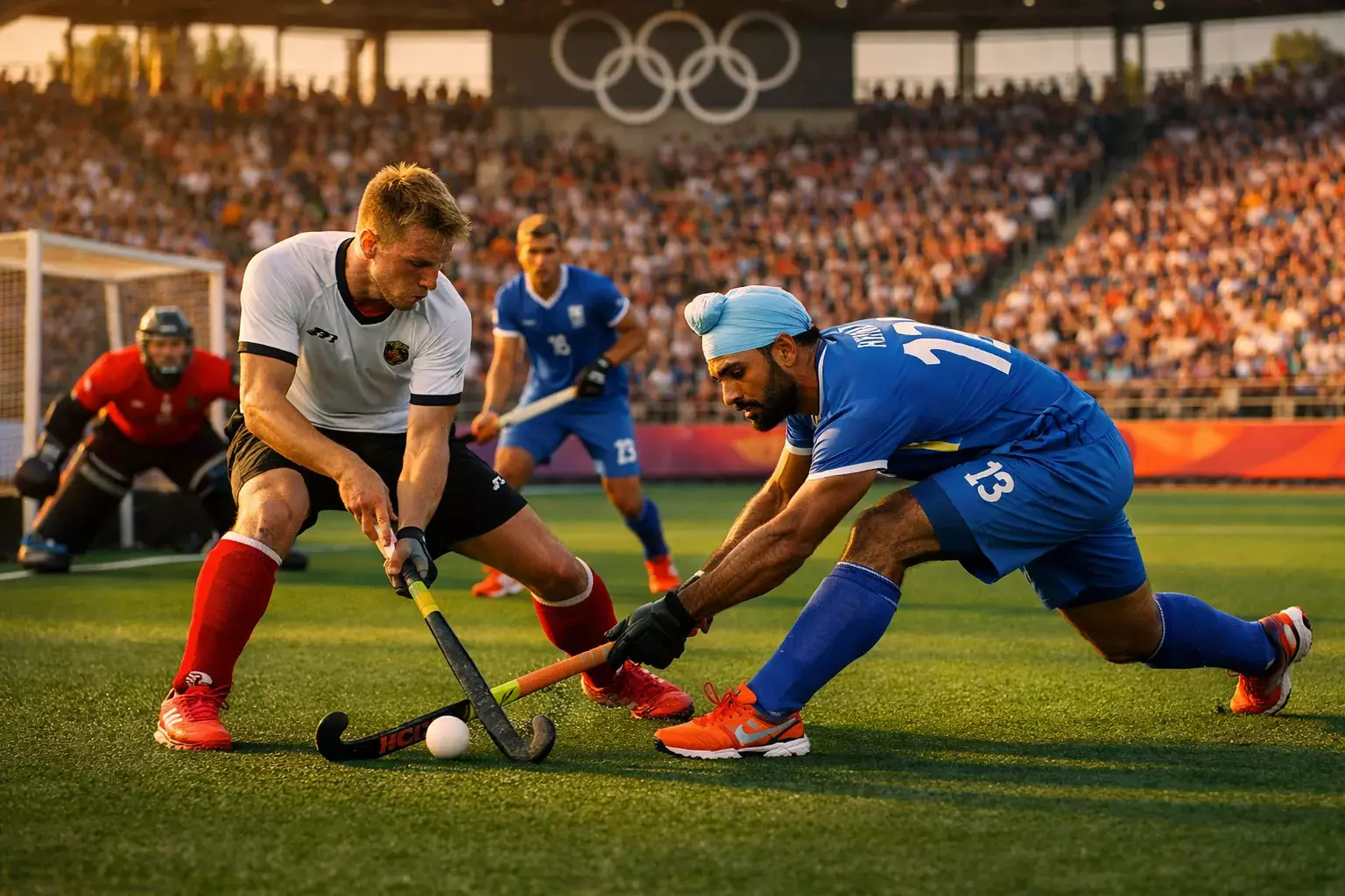 Hockeyspelers tijdens olympische finale met vijf ringen op achtergrond