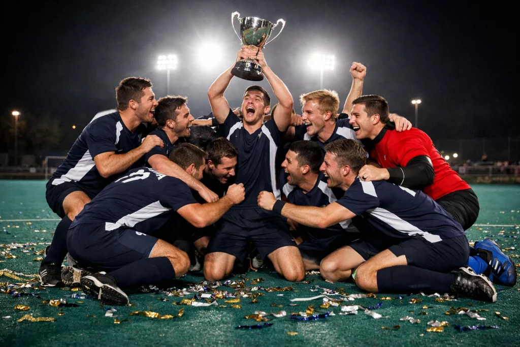 Hockeyteam viert het kampioenschap met de beker op een verlicht kunstgrasveld