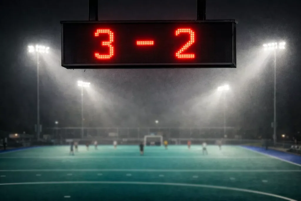 Scorebord bij een veldhockeywedstrijd met doelpuntenstand zichtbaar boven het verlichte veld