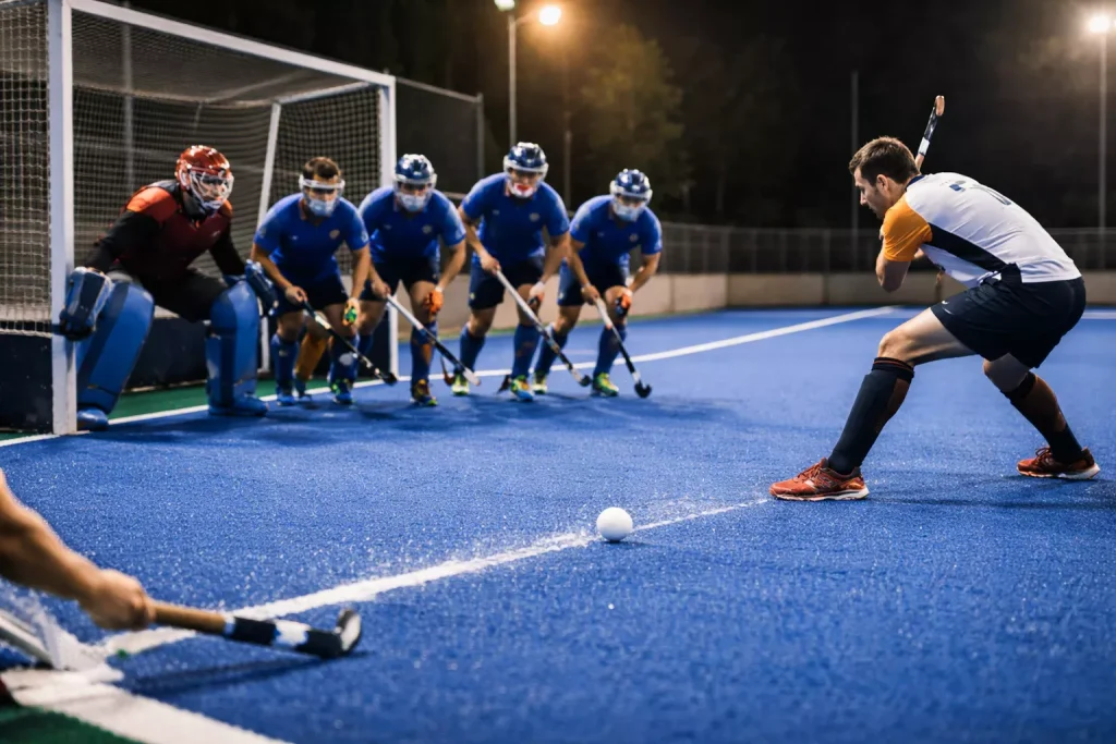 Strafcorner bij veldhockey met de slagman klaar voor de push terwijl de verdediging uitstormt