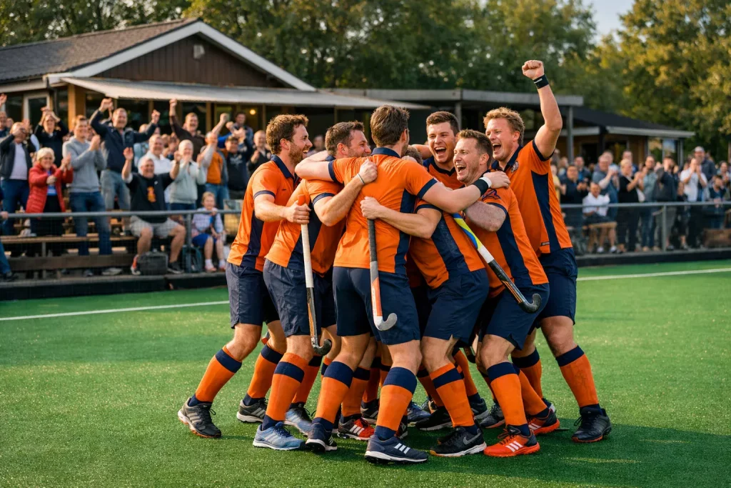 Veldhockeyteam juicht voor eigen publiek op een kunstgrasveld bij een clubwedstrijd