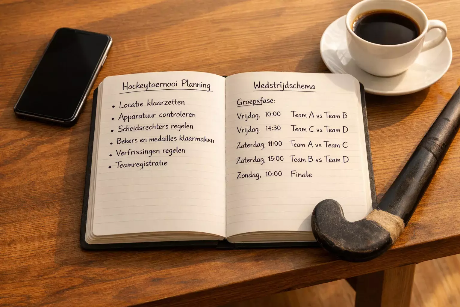 Open notitieboek met toernooiplanning en hockeystick