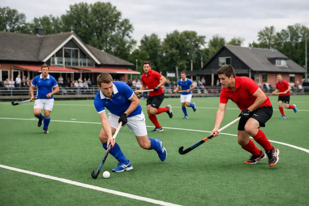 Nederlandse hockeyers tijdens een competitiewedstrijd op een helder groen kunstgrasveld overdag