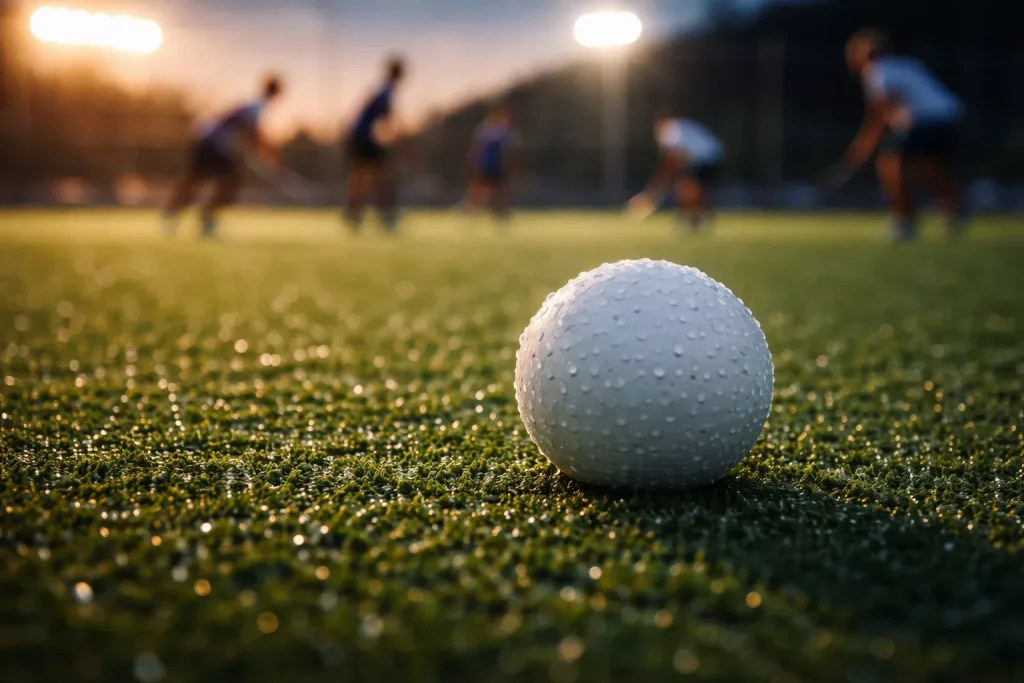 Close-up van een hockeybal op het groene kunstgrasveld met spelerssilhouetten op de achtergrond