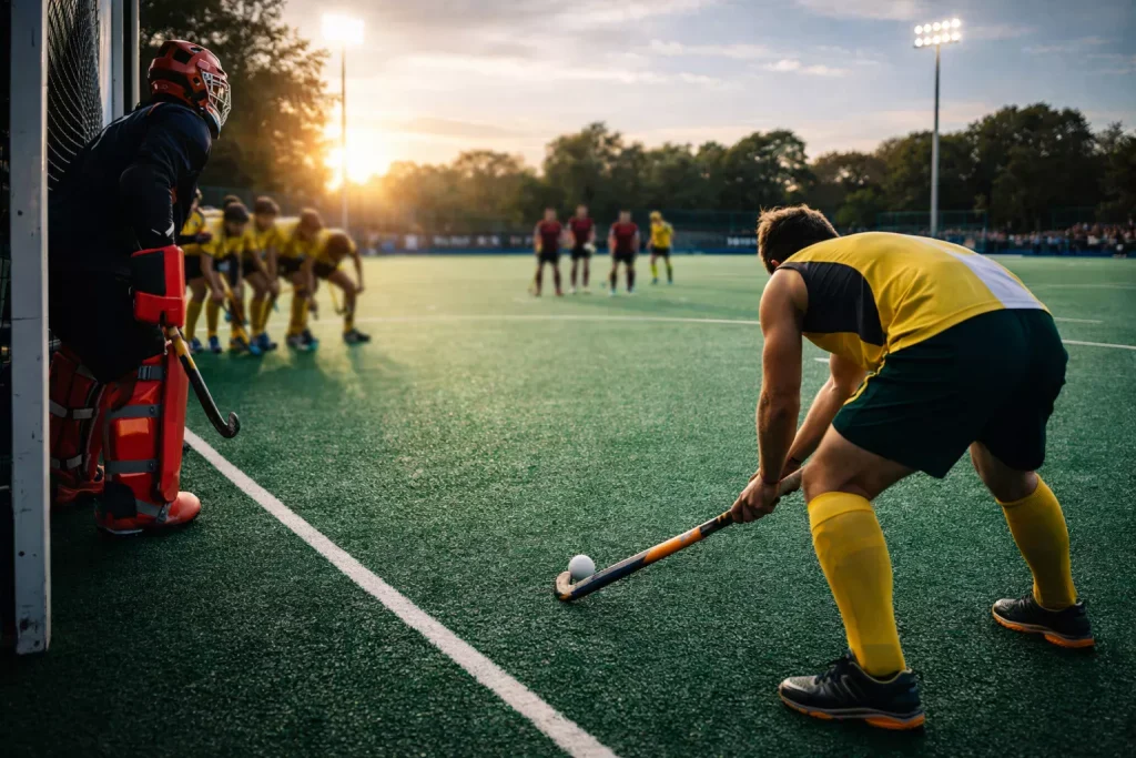 Veldhockeyspeler bereidt zich voor op een strafcorner tijdens een competitiewedstrijd