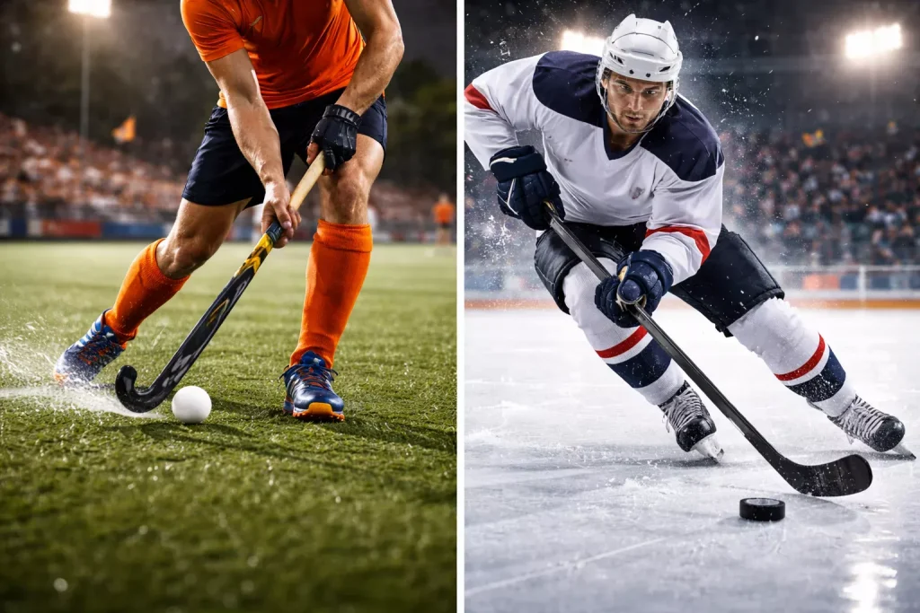 Gesplitst beeld van een veldhockeyveld op kunstgras en een ijshockeybaan naast elkaar