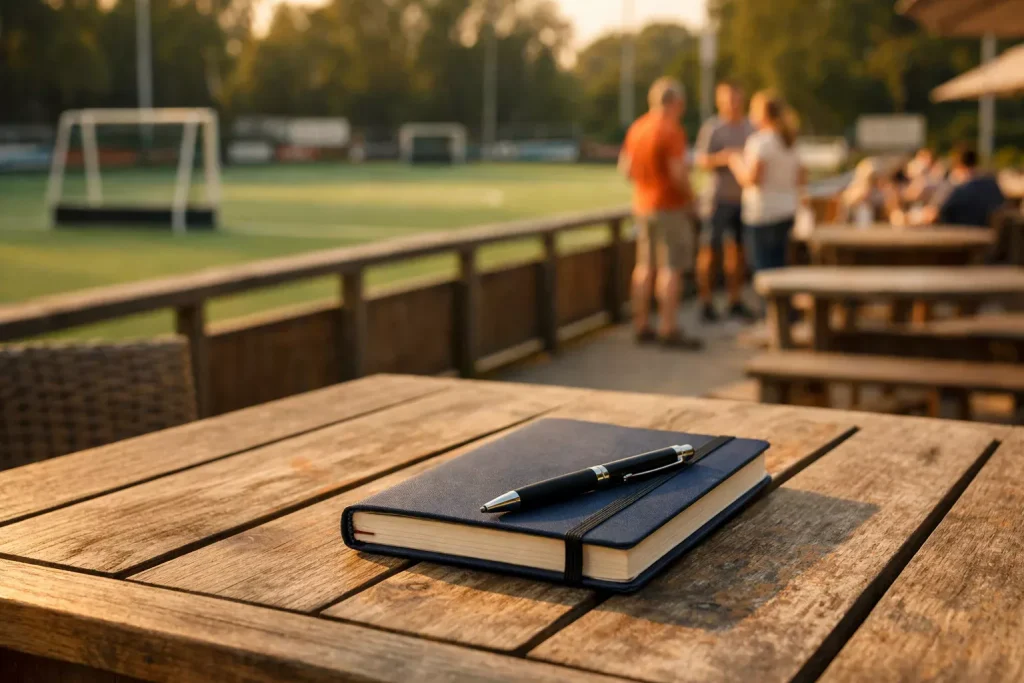 Rustige setting met een notitieboek en pen op een tafel bij een veldhockeyclubkantine