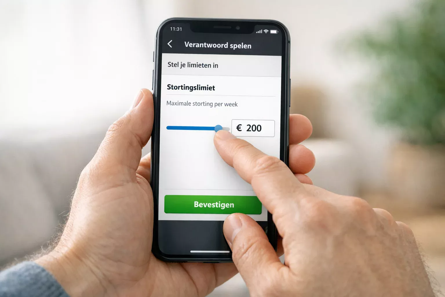 Hand stelt een speellimiet in op mobiele telefoon met wedapp