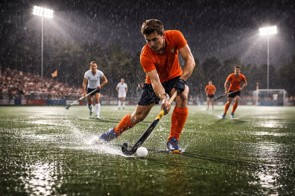 Veldhockeywedstrijd op een nat kunstgrasveld tijdens regenachtig weer