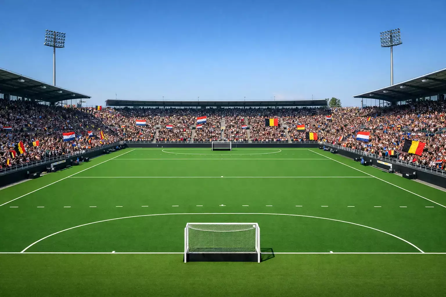 Modern hockeystadion gevuld met toeschouwers tijdens WK